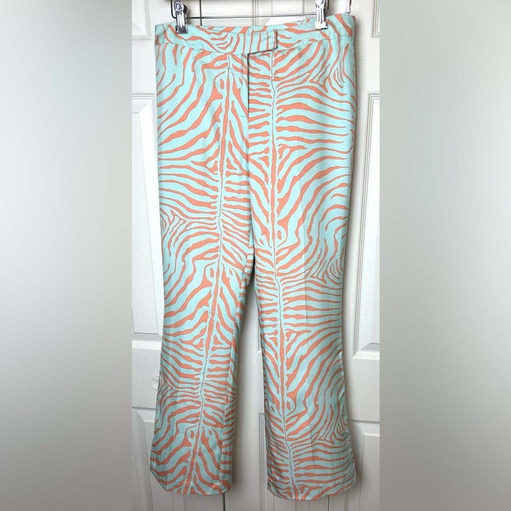 J. MCLAUGHLIN Zebra Animal Print Pants Slacks Trousers Aqua Blue Pink Peach Silk